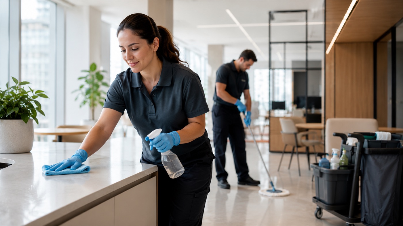 Professional cleaning staff at work in a commercial workplace
